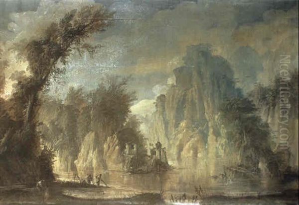 Bewaldete Fluslandschaft Mit Hohen Bergen - view 1