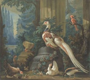 A Silver Pheasant And Other Exotic Birds Amongst Classical Ruins by Abraham Bisschop Dordrecht