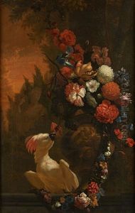 Perroquet Sur Fond De Paysage Architectural Avec Bouquet Fleuri En Avant-plan
