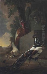 A Turkey, An Ornamental Peacock, A Hen And Four Chicks Before A Stone Fountain In A Wooded Landscape by Abraham Bisschop Dordrecht
