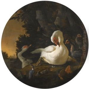 A Mute Swan, A Goose, And Other Fowl On A Wooded River Bank