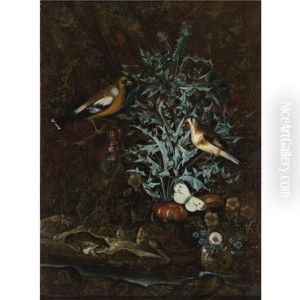 Still Life Of A Chicken, A Turkey, A Pheasant And A Goat In An Extensive Classical Landscape by Abraham Bisschop Dordrecht