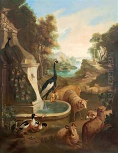 Flusslandschaft Mit Einem Pfauenpaar, Schafen Und Enten An Einem Brunnen