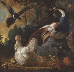A Peacock, Poultry And A Magpie In A Landscape