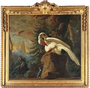 A Classical Wooded Landscape With A Muscovy Duck, A Guinea Fowl And A Kingfisher