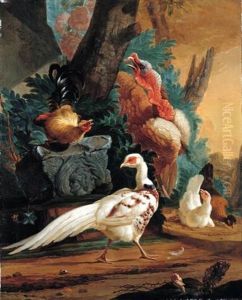 A White Pheasant, A Turkey And Farmyard Fowl In A Landscape Setting by Abraham Bisschop Dordrecht