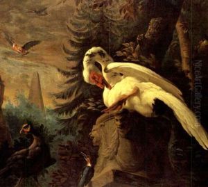 Trumpeter Swan With A Kingfisher And Other Birds In A Landscape
