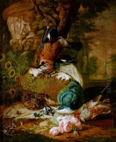 Jagdstilleben Mit Pfau Und Vogeln Vor Weiter Parklandschaft - view 1