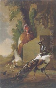 A Peacock, Turkey And Chicken With Her Chicks Beside A Classical Fountain, A Landscape Beyond by Abraham Bisschop Dordrecht