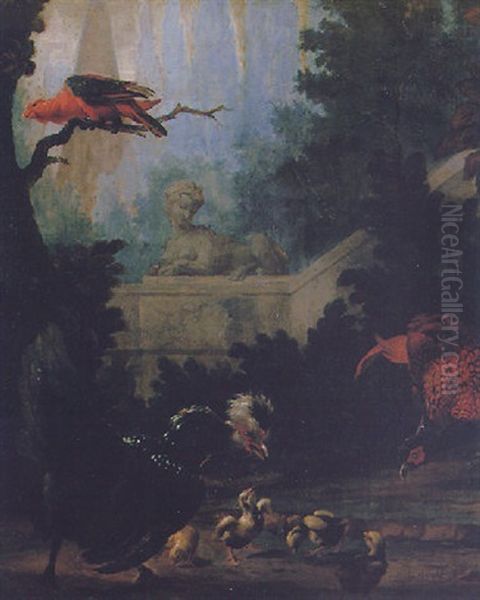 A Peacock, Parrot And Chickens In A Landscape - view 1