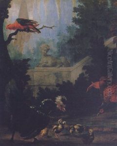 A Peacock, Parrot And Chickens In A Landscape by Abraham Bisschop Dordrecht