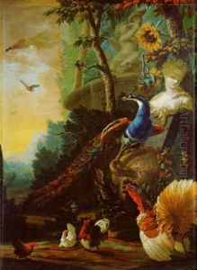 A Peacock On A Fallen Vase By A Marble Female Bust Beside A Stone Fountain And Poultry In A Mountainous Landscape A Peacock On A Fallen Vase By A Marble Female Bust Beside A Stone Fountain And Poultry In A Mountainous Landscape