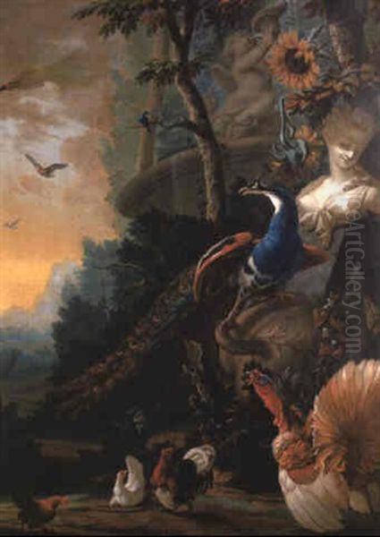 A Peacock On A Fallen Vase Beside A Fountain With Game Birds In A Landscape - view 1