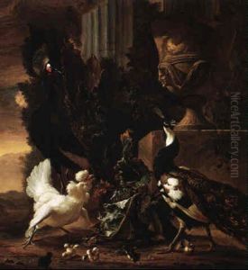 Peacocks And Other Fowl In A Garden With A Stone Urn On A Pedestal