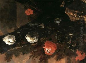 A Ruined Classical Capital Lying Amongst Irises, Poppies    And Nasturtiums Beneath A Tree