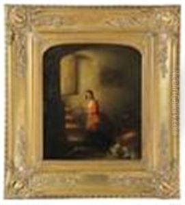A Young Woman On A Wooden Staircase Holding A Plate With Apples by Christoffel Bisschop
