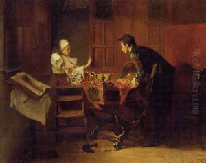 A Sunlit Hindeloopen Interior With Parents Proudly Admiring Their Newlyborn