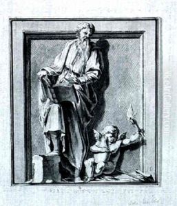 A Design For An Engraving: A Bishop Writing Accompanied By A Putto Carrying A Firebrand, Within A Trompe L'oeuil Frame A Design For An Engraving: A Bishop Writing Accompanied By A Putto Carrying A Firebrand, Within A Trompe L'oeuil Frame
