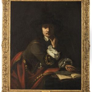 Portrait Of An Artist, Seated Holding A Brush With Drawing And Book