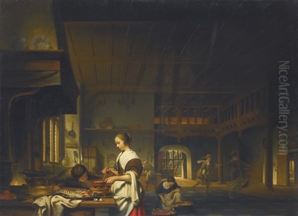 Kitchen Interior With A Woman Cooking And A Boy Blowing Flames - view 1