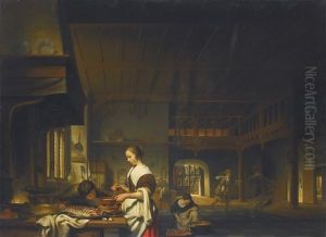 Kitchen Interior With A Woman Cooking And A Boy Blowing Flames
