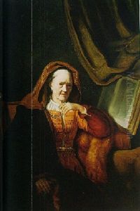 Portrait Of An Old Woman Reading Holding A Pearl Necklace by Cornelis Bisschop