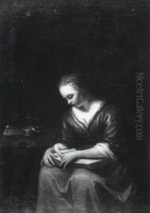 Lesende Junge Frau Am Tisch by Cornelis Bisschop