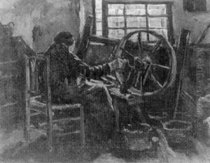 Interieur Met Een Oude Vrouw Achter Een Spinnewiel by Suze Bisschop-Robertson