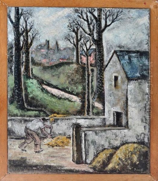 A Man Raking Hay In A Farmyard - view 1