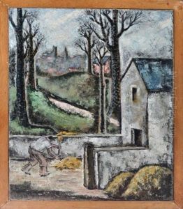 A Man Raking Hay In A Farmyard by George Edwin Bissell