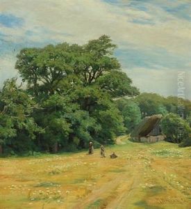 Danish Summer Landscape With Playing Children At A Thatched Barn Danish Summer Landscape With Playing Children At A Thatched Barn
