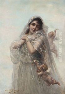 Portrait De Jeune Femme Et Angelots by Edouard Bisson