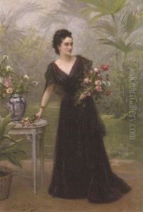 Jeune Femme Au Bouquet De Roses by Edouard Bisson
