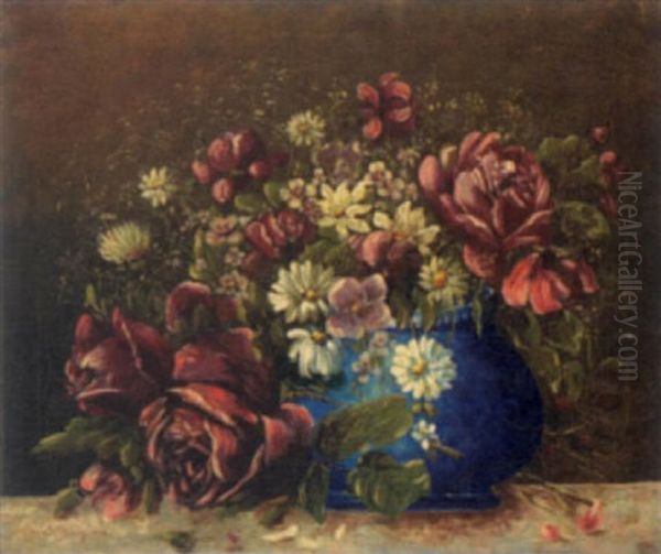 Roses, Daisies And Other Summer Flowers In A Blue Vase - view 1