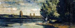 Sommerliche Flusbiegung Mit Anglern Sommerliche Flusbiegung Mit Anglern