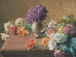 Bouquet De Violettes Avec Des Oillets Et Des Roses Poses Sur La Table