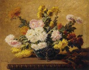 Chrysanthemums In An Ornate Vase On A Table