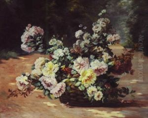 Still Life Of Peonies In A Basket by Paul Biva