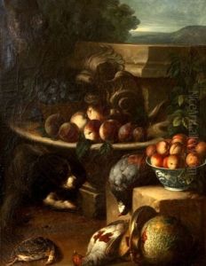 Nature Morte Aux Fruits Gibiers Et Chien A La Fontaine (after Desportes)