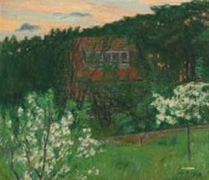 Scene With Fruit Trees In Bloom And House by Niels Bjerre