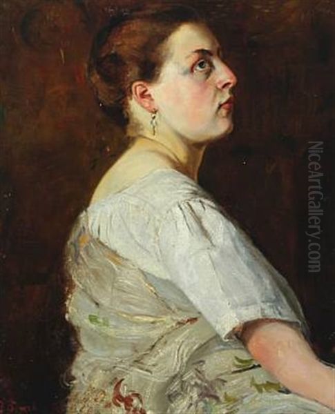 Profile Portrait Of A Young Woman Wearing A Short Sleeved White Dress With A Gray Shawl, Oriental Pattern Tied Around Her Waist - view 1