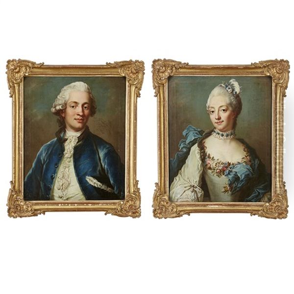 Portratt Av Greve Gustaf Adolf Gyllenborg (1743-1789) Ikladd Bla Rock Och Vit Vast Med Trikorn Under Vanster Arm Och Hans Maka Petronella Hultman (1748-1783) Ikladd Blombestrodd Vit Klanning Med Bla Schal - 1 Par Midjebilder Efter Pasteller Av Gustaf Lund - view 1