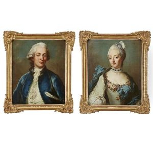Portratt Av Greve Gustaf Adolf Gyllenborg (1743-1789) Ikladd Bla Rock Och Vit Vast Med Trikorn Under Vanster Arm Och Hans Maka Petronella Hultman (1748-1783) Ikladd Blombestrodd Vit Klanning Med Bla Schal - 1 Par Midjebilder Efter Pasteller Av Gustaf Lund by Jacob Bjork