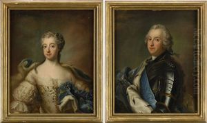 Portratt Av Kung Adolf Fredrik (1710-1771) Ikladd Rustning Och Hermelinbramad Bla Mantel, Barandes Serafimerordens Bla Band Och Storkorskraschan, Och Hans Maka Drottning Lovisa Ulrika (1720-1782) Ikladd Broderad Klanning Med Hermelinbramad Bla