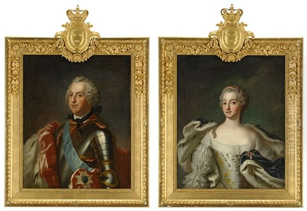 Portratt Av Kung Adolf Fredrik (1710-1771) Ikladd Rustning Och Hermelinbramad Mantel I Purpur, Barandes Serafimerordens Bla Band Samt Storkorskraschan, Och Hans Maka Drottning Lovisa Ulrika (1720-1782) Ikladd Broderad Klanning Med Hermelinbrama (pair) - view 1
