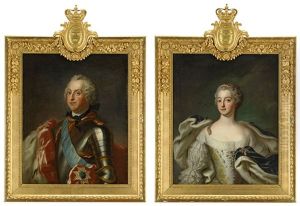 Portratt Av Kung Adolf Fredrik (1710-1771) Ikladd Rustning Och Hermelinbramad Mantel I Purpur, Barandes Serafimerordens Bla Band Samt Storkorskraschan, Och Hans Maka Drottning Lovisa Ulrika (1720-1782) Ikladd Broderad Klanning Med Hermelinbrama (pair)