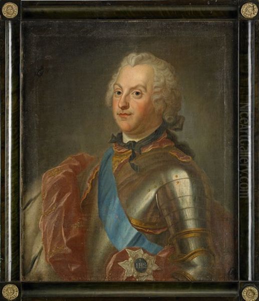 Portratt Av Kung Adolf Fredrik (1710-1771) Ikladd Rustning Behangd Med Serafimerorden Och Hans Maka Drottning Lovisa Ulrika (1720-1782) Ikladd Broderad Klanning Samt Hermelinbramad Mantel Med Kungliga Kronor (pair) - view 1