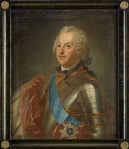 Portratt Av Kung Adolf Fredrik (1710-1771) Ikladd Rustning Behangd Med Serafimerorden Och Hans Maka Drottning Lovisa Ulrika (1720-1782) Ikladd Broderad Klanning Samt Hermelinbramad Mantel Med Kungliga Kronor (pair)