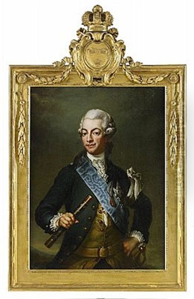 Portratt Av Kung Gustav Iii Ikladd Livgardets Blagula Uniform, Revolutionsuniformen, Med Vit Faltbindel Om Vanstra Armen, Serafimerordens Band Och Kraschan Samt Vasaorden - view 1