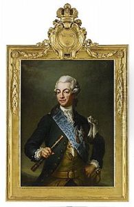 Portratt Av Kung Gustav Iii Ikladd Livgardets Blagula Uniform, Revolutionsuniformen, Med Vit Faltbindel Om Vanstra Armen, Serafimerordens Band Och Kraschan Samt Vasaorden